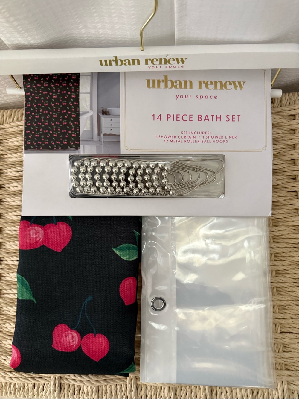 Urban Renew Cherry Print Shower Curtain in Black and Red 14 pc bath set new